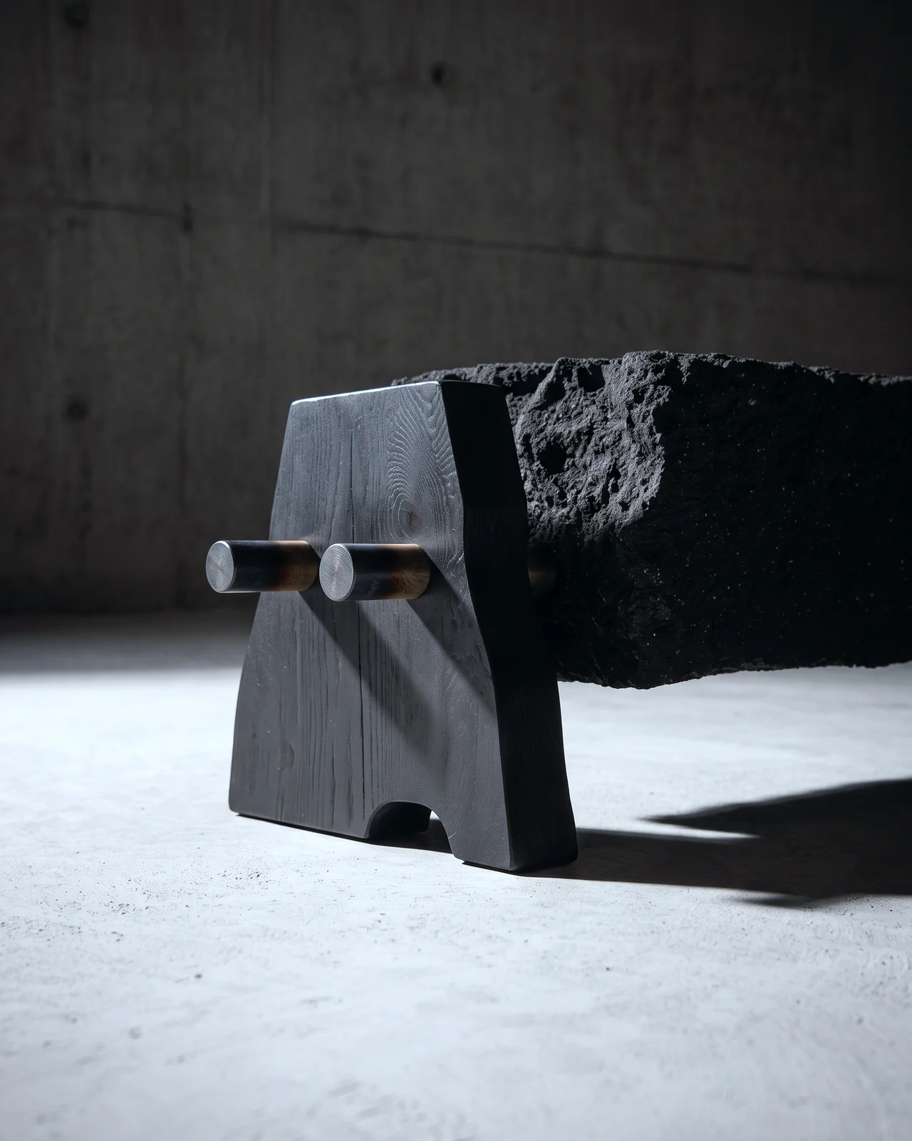 Burned oak trestle and metal tubes holding the mineral block, Aetna Bench, by Paul Hardy