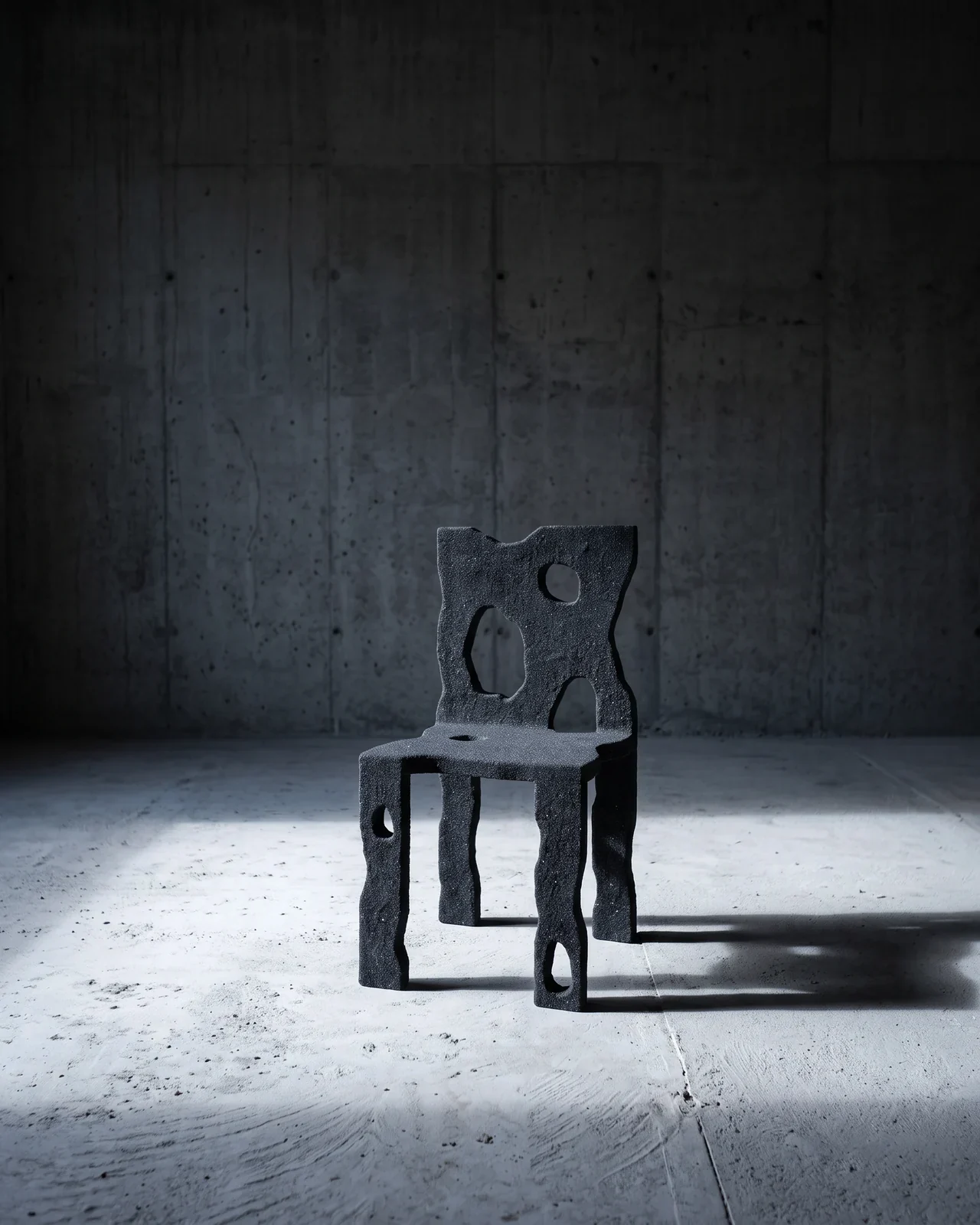 Aetna Chair alone in a concrete room, in a raking light, by Paul Hardy