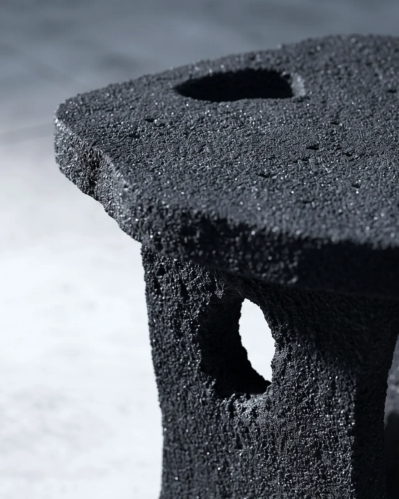Close-up of the seat edge and pierced leg, Aetna Stool, by Paul Hardy