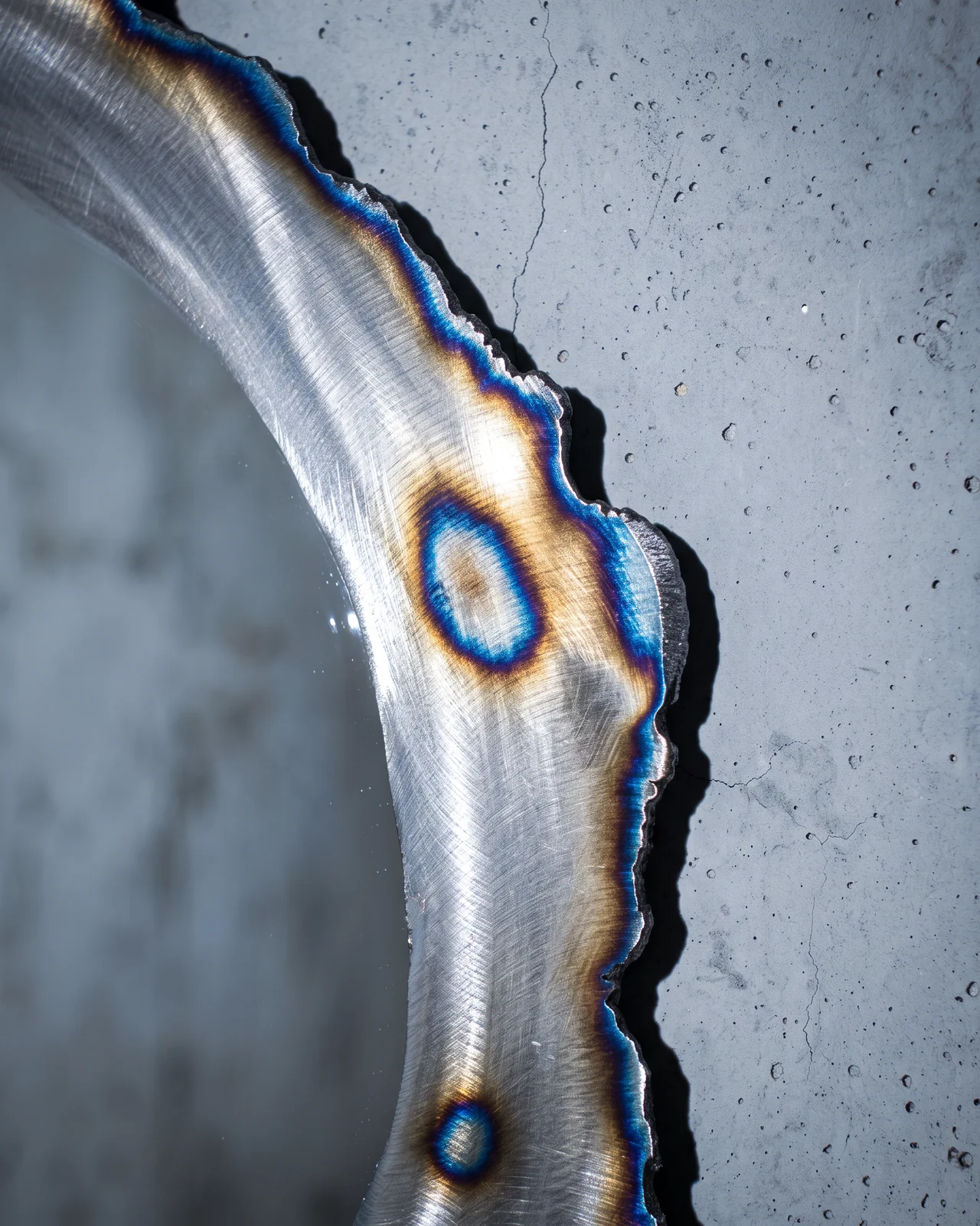 Close-up of the heat-tint gradient on the brushed steel, Ustio Mirror, by Paul Hardy