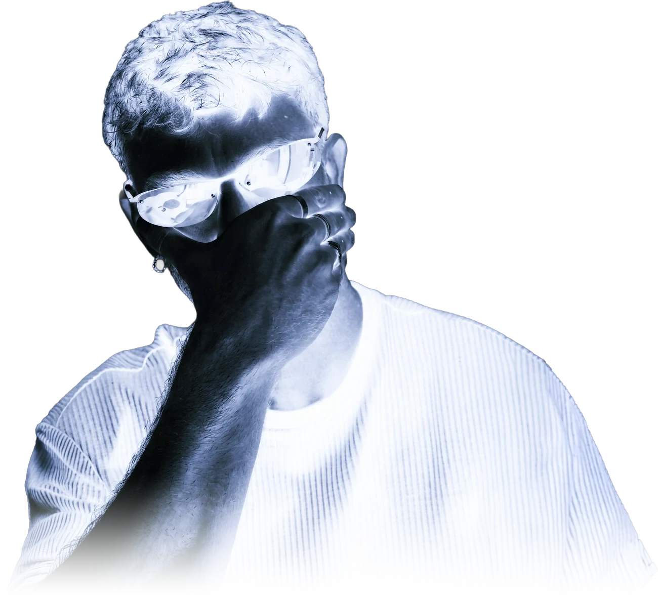 Portrait of Paul Hardy, hand over his face, wearing tinted glasses